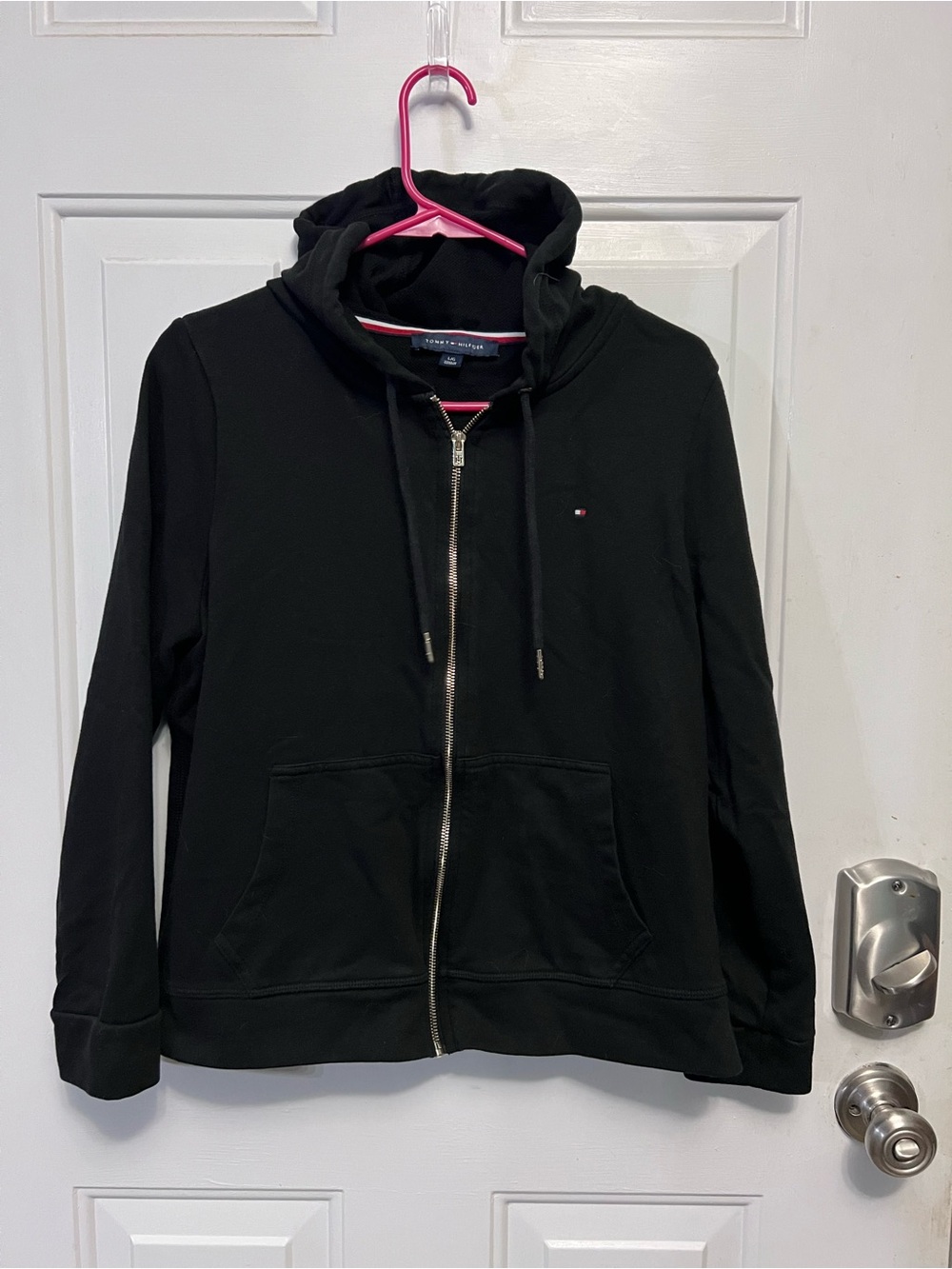 Tommy Hilfiger Women’s Black Full Zip Hoodie Flag Logo Cotton Blend Size L